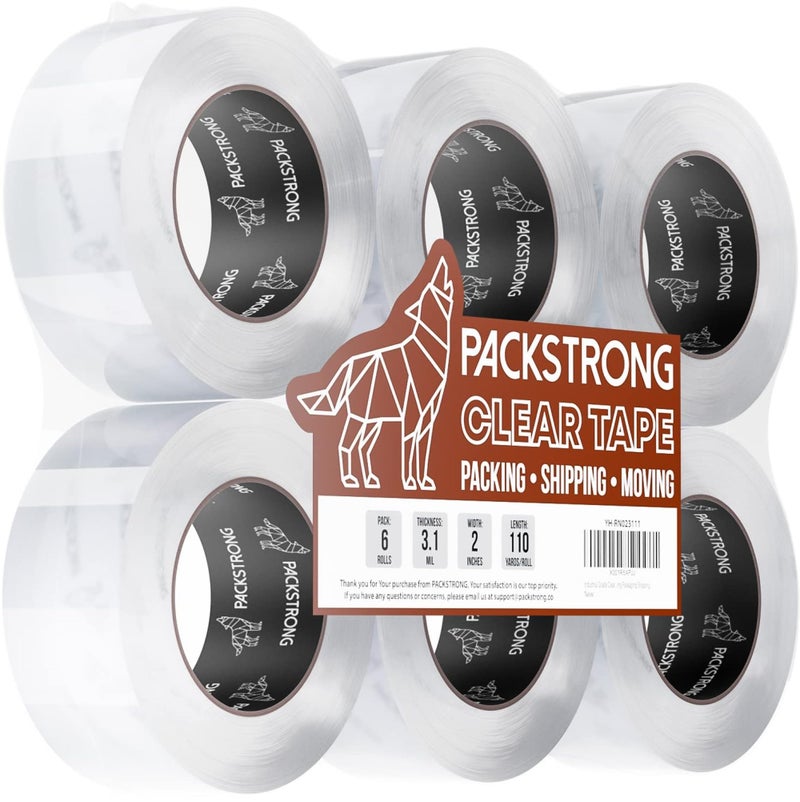 Packstrong Industrial Grade Clear Packing Tape 6 Rolls - Extra Strong - 110 Yards per Roll - 2" Wide x 3.1 mil Thick, Acrylic Adhesive Heavy Duty Tape for Box Office Moving Packaging Shipping - Image 1
